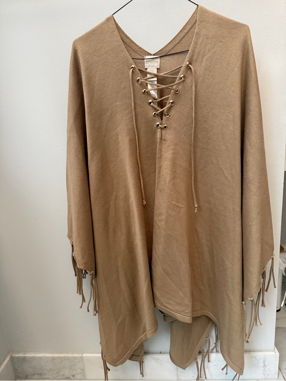 Chico's Tan Lace-Up Fringe Poncho